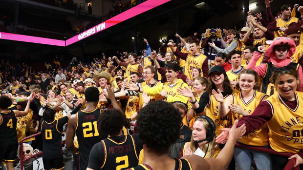 Minnesota players celebrate with the student section after the win against the Michigan State at Williams Arena in Minneapolis on Feb. 6, 2024.